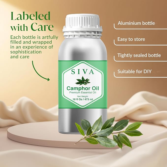 Siva Camphor Essential Oil, Huge Bottle, Large Size, 16 Fl Oz (473 ml) | Camphor Oil for Diffuser, Humidifier, Steam, Spray, Body Massage, Hair, Skin, Soap Making, Candle Making & DIY Blending