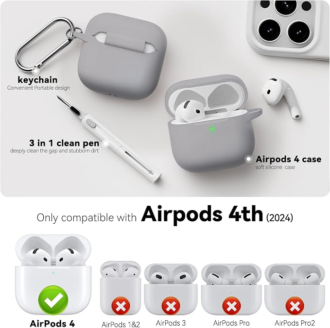 for AirPods 4 Case 2024 with Cleaner Kit & Keychain-Light Grey | Silicone Protective Cover for Apple AirPods 4th Generation Case,for Women Men,One-Piece Design,Shockproof,Dust Proof