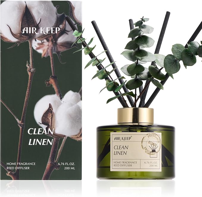 Reed Diffuser Set with 6.76 fl oz Clean Linen Scent Essential Oils and 3 Leaves & 8 Diffuser Sticks,Bathroom Shelf Decor & Air Freshener, House Bedroom Office Decor & Gifts
