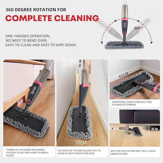 Microfiber Spray Mop for Floors Dry and Wet Mop with Dusting 360 Rotation for Kitchen, Hardwood, Laminate, Tile Floors Includes 4 Refill Heads, Scraper, Holder & Spray Bottle