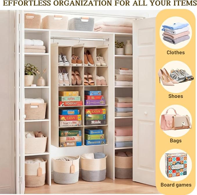 5 Tier Hanging Closet Organizer, 14 Compartments Dual Row Storage, Beige | Closet Organizers and Storage with Large & Small Pockets, 3 Sturdy Hooks Support Heavy Loads, Ideal for Dorm, Garment Rack