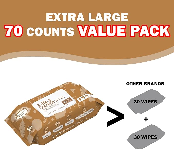 Air Jungles 3in1 Leather Cleaner Wipes 70 Count (3 Pack), XL 8x10 Inch | Clean Condition Protect Wipes for Vinyl and Leather Apparel Furniture Auto Car Interior Shoes Boots Bags
