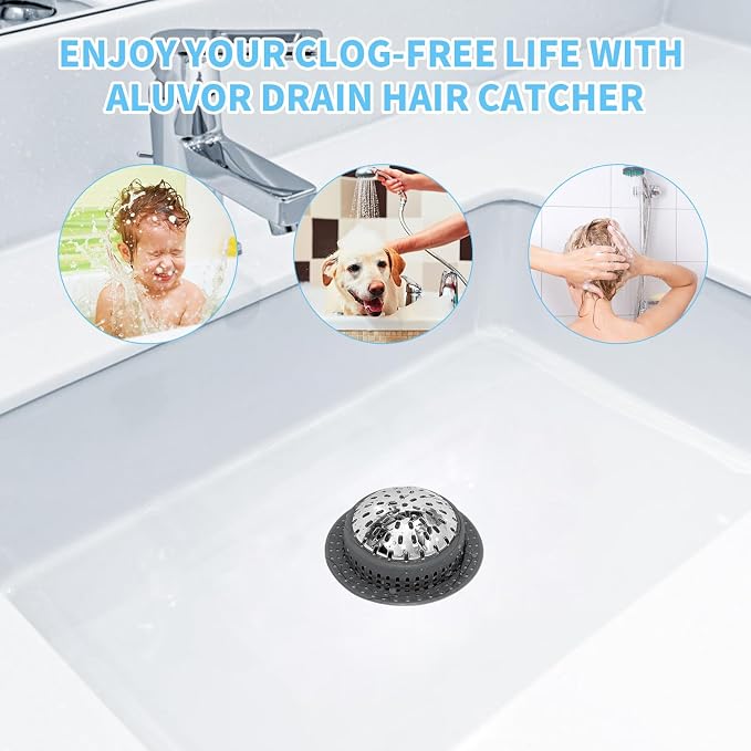 Aluvor Bathtub Drain Hair Catcher Shower Drain Cover Sink Drain Protector | Bathroom Sink & Bathtub Drain Strainer for Pop-Up & Regular Drains, dark gray
