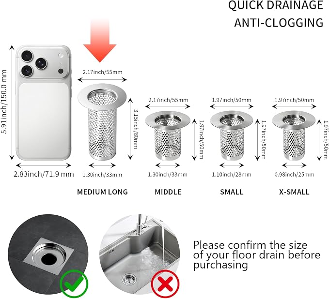 Bathroom Sink Drain Strainer, Bathtub Drain Hair Catcher, 304 Stainless Steel Shower Drain, Deep Basket Cover, Anti-Clog for Pet Hair, Universal Tub Drain Filter