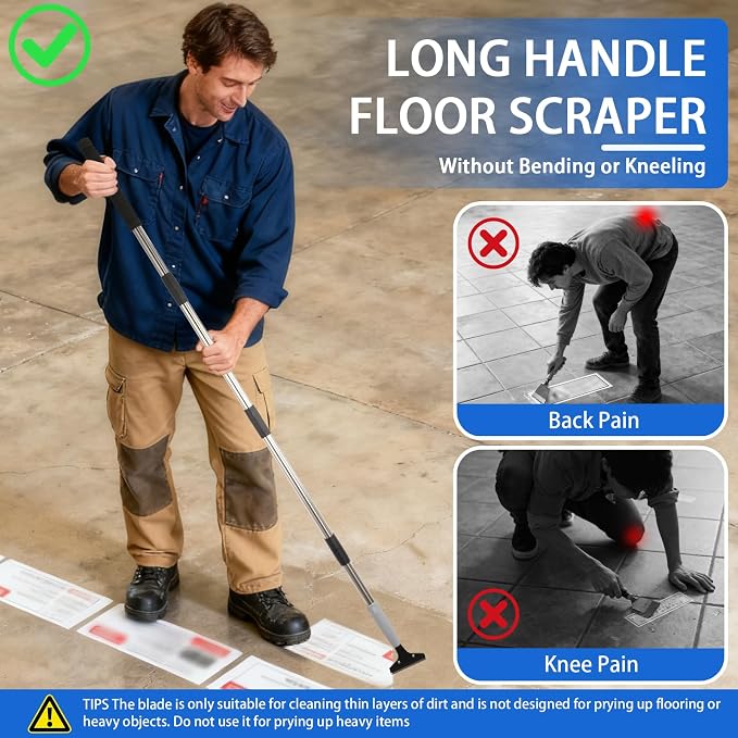 Floor Scraper Heavy Duty Long Handle,61in 4"Razor Blade Floor Scraper Adjustable with 10PCS Extra Metal Blades Paint Scraper for Cleaning Stickers Gum Glass Wall Tile Linoleum Stove Top