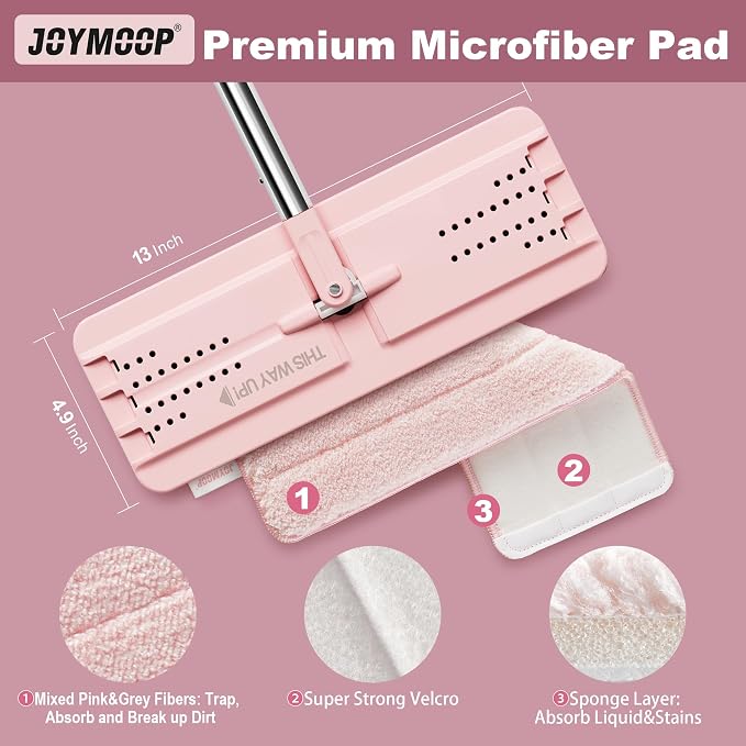 JOYMOOP Flat Mop, Microfiber Cleaning Pad for Floor Cleaning, 60" Long Handle with Flexible Mop Head, Pink