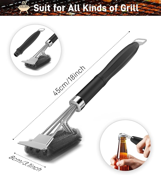 Grill Brush and Scraper-18 Adjustable Handle Safe BBQ Grill Brush for Outdoor Grill-Deep BBQ Clearning Brush wih Bottle Operner Extra Strong Grill Cleaner Accessories for Gas/Charcoal Grilling Grates