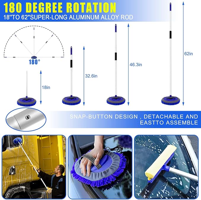 21Pcs Car Wash Kit,62" Car Wash Brush Mop with Long Handle,Car Cleaning Kit,Car Detailing Brush Set,Car Wash Bucket with Filter,Windshield Window Squeegee for Cars RV Truck Boat (Blue)