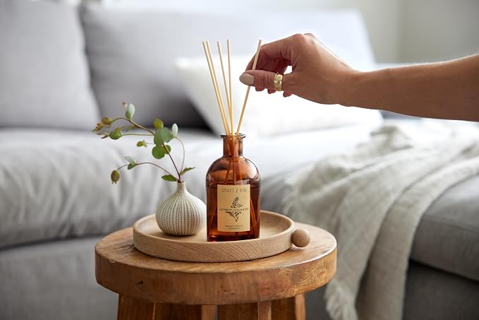 Craft & Kin Sage, Mint & Lavender Reed Diffuser – 5.75 oz Essential Oil Diffuser for Home & Bathroom – Up to 120-Day Fragrance with 8 Rattan Scent Sticks – Amber Glass Room Decor