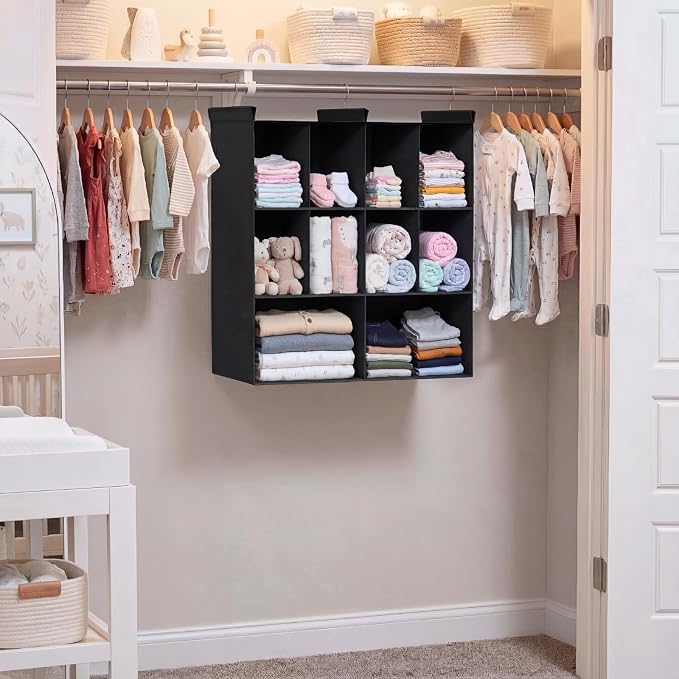 3 Tier Hanging Closet Organizer, 10 Compartments Dual Row Storage, Black | Closet Organizers and Storage with Large & Small Pockets, 3 Sturdy Hooks Support Heavy Loads, for Dorm, RV, Garment Rack