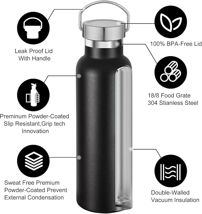 Neihepal 20 oz Insulated Water Bottles Bulk 8 Pack,Stainless Steel Double Wall Sport Bottle with Lid of Handle,Metal Reusable Flask with Cup Cap for School,Hikers,Gift (Black,Set of 8)