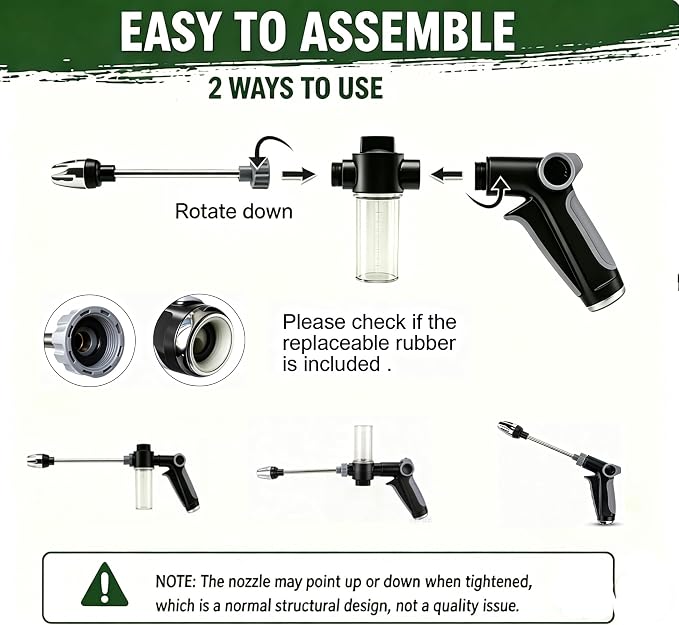 High Pressure Hose Nozzle, 360° Rotating High Pressure Water Gun with Foam Bottle, 3/4 Inch Connector, Adjustable Spray Wand with 4 Sealing Rings for Car, Yard, Patio, Pet Cleaning