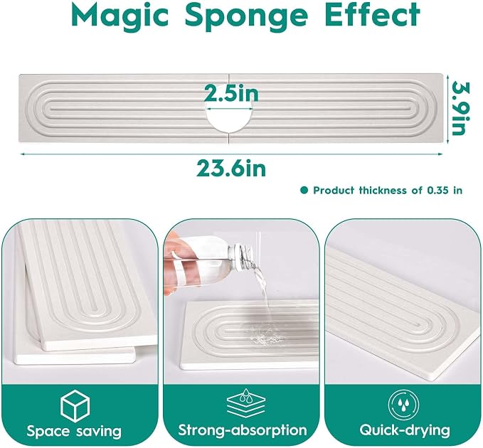 24 Inch Stone Faucet Mat for Kitchen Sink,Kitchen Sink Splash Guard-Water Absorbing Stone Tray for Sink,Super Absorbent, Diatomite Protector with Drainage for Kitchen Bathroom Counter(White）