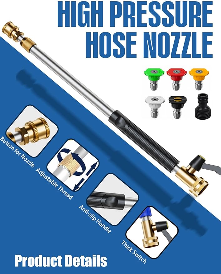 Upgraded Jet Nozzle Power Washer Wand Hose Nozzle, Adjustable Hydro Nozzle Wands 18-33 inch, Jet High Pressure Water Hose Sprayer with 5 Tips for Garden, Patio, Floor & Car, Black