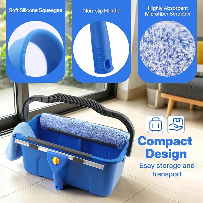 10Ft Professional Window Cleaning Kit with Bucket for Home & Commercial | 120" High Window Squeegee, Microfiber Scrubber, 3 Gal Bucket, Window Cleaning Equipment Washing Kit, Cleaner Tool for Outdoor