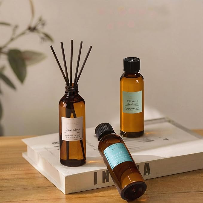 Reed Diffuser Refill Set, 10.2oz Scented Oil Refill 3 Pack, Clean Linen, Ocean Mist, Eucalyptus & Moss, Long Lasting Oil Diffuser Refill with 18 Sticks for Bathroom & Bedroom