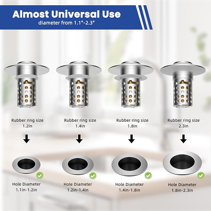 2PCS Universal Bathroom Sink Drain Strainer Hair Catcher, Chrome | Upgraded with Removable Stainless Steel Filter Basket, 3 in 1 Pop Up Sink Stopper for 1.1''~2.36'' Sink Basin Hole