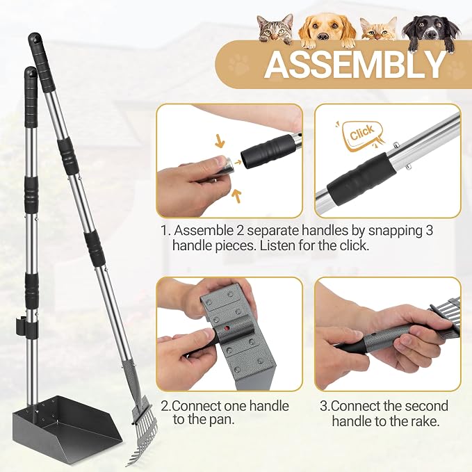 Dog Pooper Scooper, Dog Poop Tray and Rake Set with Long Stainless Handles | Pet Waste Removal Scoop with Adjustable Sectional Handles