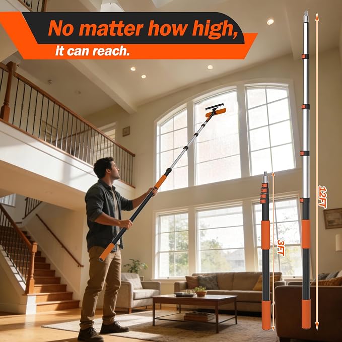 16FT Reach Telescopic Extension Pole, 3-12FT Paint Roller Extension Pole with Flip-Lock Design, Aluminum Alloy Threaded Head for Painting Cleaning Dusting & Window Washing Tools