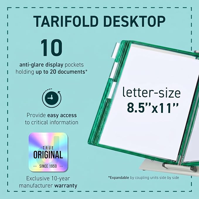 Tarifold Desktop Reference Display System, 10 Pockets, Expandable, Green | 10 double-sided PVC pockets, holds 20 letter-size sheets, sturdy metal base, quick-find indexing, quick and easy to assemble