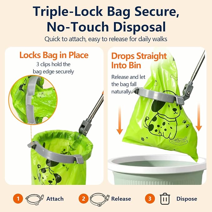 Dog Pooper Scooper with Bags, Long Handle No-Touch Dog Waste Picker Tool | With 90 Rolls Poop Bags, 47 Inch Extendable Handle, No Bending Cleanup, Portable Pooper Scooper for Yard, Walks and Travel