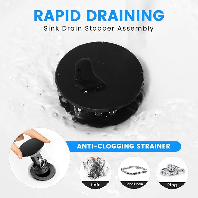 Bathroom Sink Drain with Overflow with Hair Catcher Anti-Clog Sink Strainer | Hurran Matte Black Bathroom Sink Stopper for 1.65"-1.9" Hole, Plastic Pop-up Drain for Bathroom Vanity Vessel Sink, 2 Pack