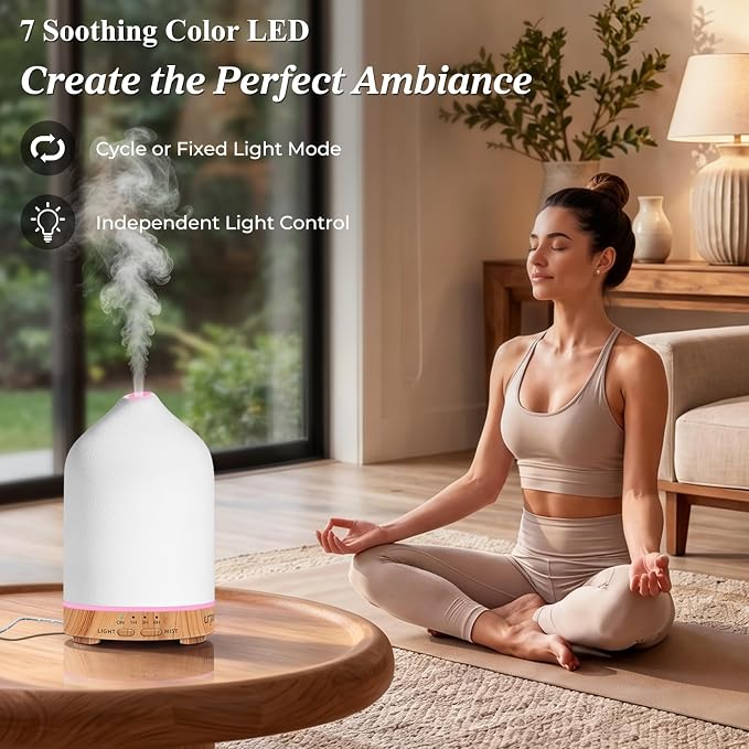 URPOWER 300mL Ceramic Essential Oil Diffuser Aromatherapy Diffuser for Home | Up to 10 Hrs High/Low Mist Settings Quiet Diffuser Humidifiers Ideal for Bedroom Living Room Office Scent Diffusion & Decor
