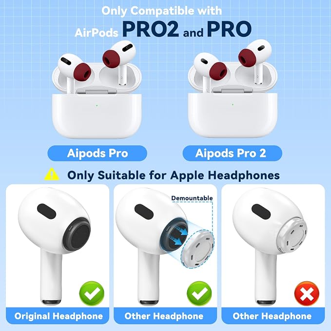 Inesore 4 Pairs Replacement Ear Tips for AirPods Pro 2nd/1st (Dark red) | with Noise Reduction Hole & Built-in dust Guard Screen,Silicone,with Portable Storage Box & Cleaner Pen,4 Size (XS/S/M/L)