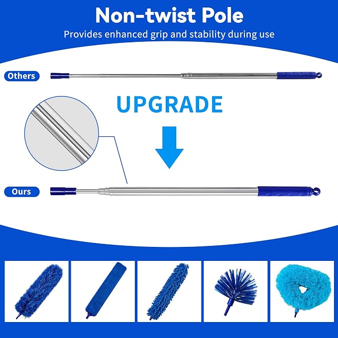 Duster with Extension Pole, 7 in 1 Cleaning Kit with Microfiber Dusters | Long Dusters for Cleaning High Ceilings, Cobweb Duster for Fan and Blinds, Feather Dusters Kit for Furniture Indoor Use