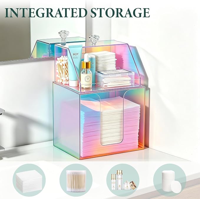 Disposable Facial Towels Storage Double Layer Acrylic Box, Glossy Rainbow | Face Towelettes Holder with Clean Skin Club Clean Towel XL Cotton Pads Container Qtip Bin for Bathroom Counter