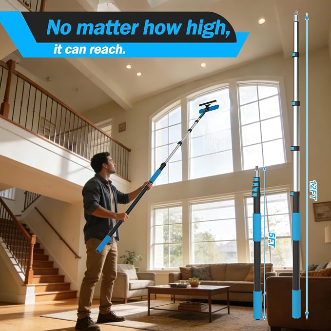 16FT Reach Telescopic Extension Pole, 3-12FT Paint Roller Extension Pole with Flip-Lock Design, Aluminum Alloy Threaded Head for Painting Cleaning Dusting & Window Washing Tools