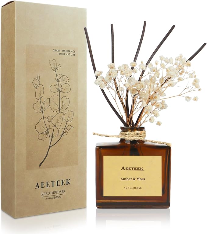 Reed Diffuser, Amber & Moss Essential Oil Diffuser with Dried Flowers, 3.4 oz Scented Oil Air Freshener, Handmade Home Decor, Long-Lasting Room Scent Fragrance for Office, Bathroom | 3.4oz(100ml) Scented Oil Air Freshener, Handmade Home Decor, Long-Las...