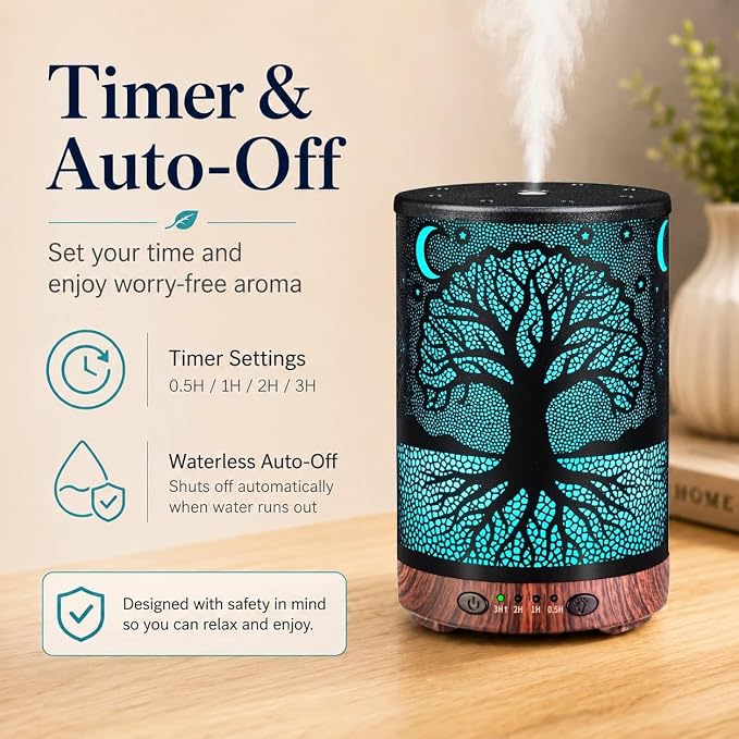 Essential Oil Diffuser, 120 ml Aromatherapy Diffuser with 7 Color Lights, Auto Shut-Off and 4 Timer Settings, Ultrasonic Cool Mist Diffuser for Home Room Office (Moonlit Tree)
