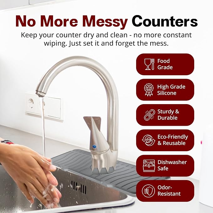 Odrago Silicone Faucet Mat (14"x5.70"x0.59"), Bathroom, Countertop and Kitchen Sink Splash Guard, Anti-Slip Faucet Drip Catcher Tray, 90-Degree Foldable Edge, Sloped Design for Fast Drying, Grey