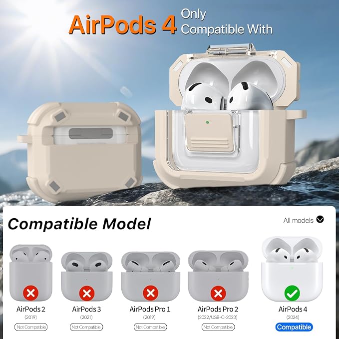 R-FUN for AirPods 4 Case with Lock Magnetic Lid MagSafe, Desert Gray | Compatible with Apple AirPods 4th Generation Protective Case with Cleaner Kit & Carabiner, Powerful Drop Protection