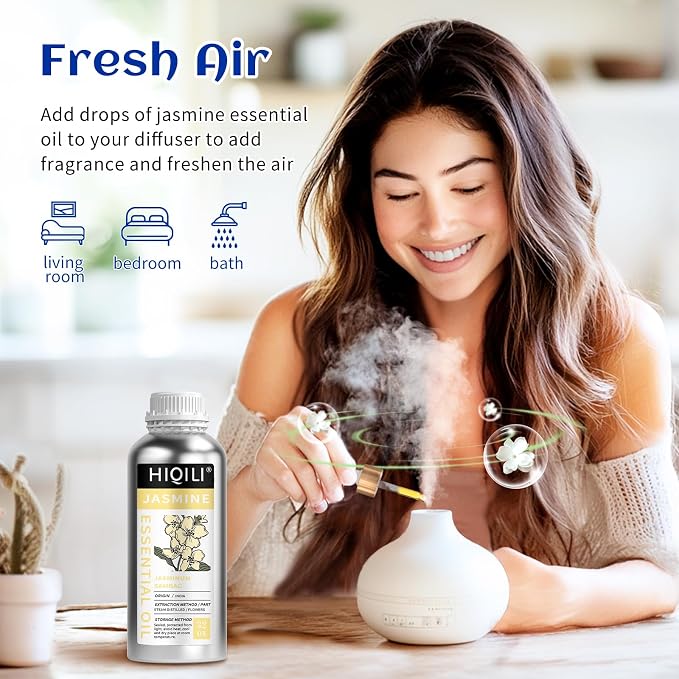 HIQILI Jasmine Essential Oil for Diffuser, Hair & DIY Perfume | Soft Floral Scent For Massage, Nourish Hair & Complexion, Ideal For Diffuser & Fragrance Crafting - 1000ML / 32 Fl Oz