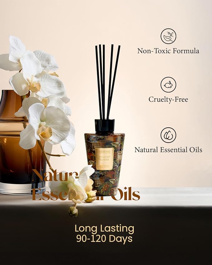M&SENSE Reed Diffuser Set, Roasted Coffee, 8.79 oz Natural Essential Oil | Non-Toxic Organic, Long-Lasting Fragrance, Ideal for Living Room, Study, Gifts for Women