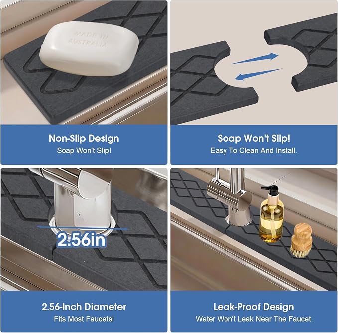 Stone Faucet Mat for Kitchen Sink, Quick-Dry Non-Slip Drying Tray, Diatomite Drying Stone Mat Sink Protectors, Prevent Moisture for Kitchen Bathroom Counter, Matte black, 23.6" x 4"