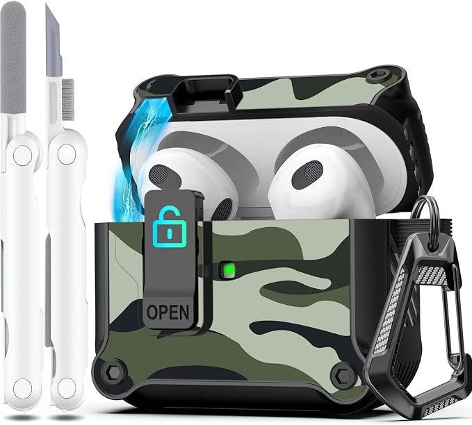 R-FUN for AirPods 3 Case Cover with Lock Magnetic Lid, Camo Green | Compatible with Apple AirPods 3rd Generation (2019) Case with Cleaner Kit & Carabiner, Powerful Drop Protection