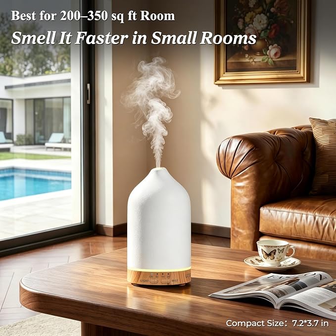 URPOWER 180mL Ceramic Essential Oil Diffuser Aromatherapy Diffuser for Home | Features Ultrasonic Mist, Auto-off Protection and 7-Color LED Lighting for A Relaxing Everyday Aromatherapy Experience