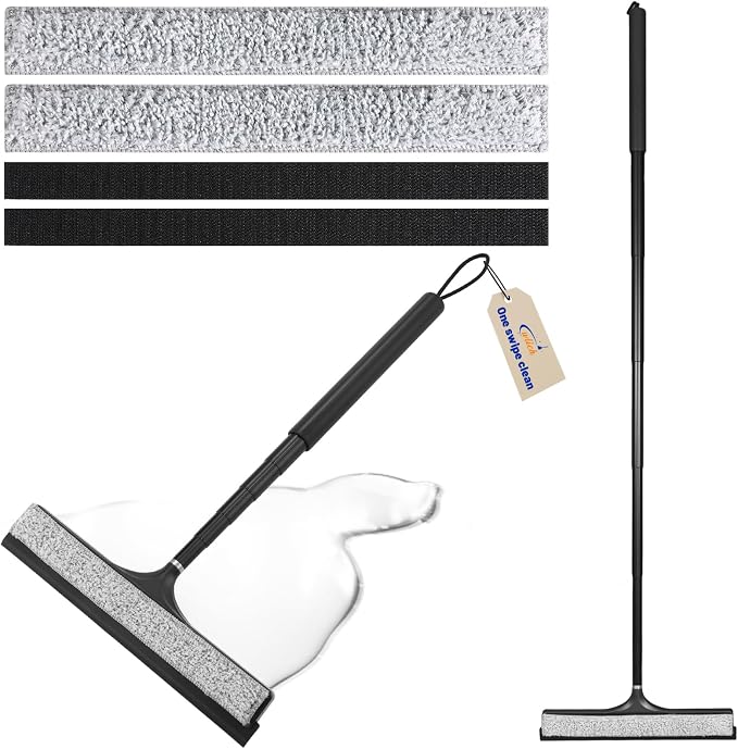 wlich Shower Squeegee with Long Handle, Telescoping Window and Floor Wiper | Silicone Blade, 9.45-48.03 In Extendable Pole, Washable Replaceable Pads, For Glass, Mirrors, Tile, Bathroom, Smooth Floors
