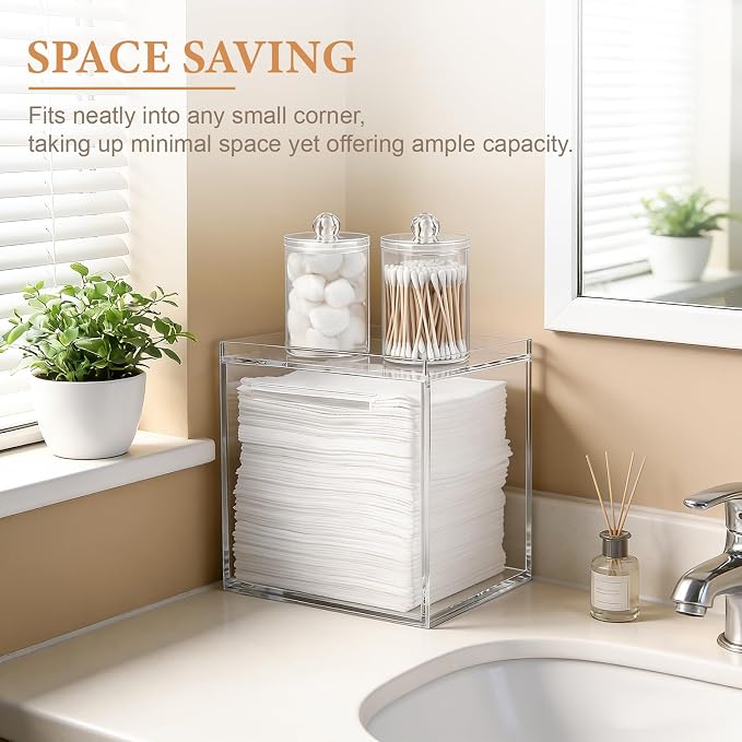 Anyoifax Disposable Face Towels Holder with 2 Pack Qtip Holders, Clear | Acrylic Box Bin Compatible with Clean Skin Club Clean Towelettesl XL Bathroom Counter Storage with Drawer