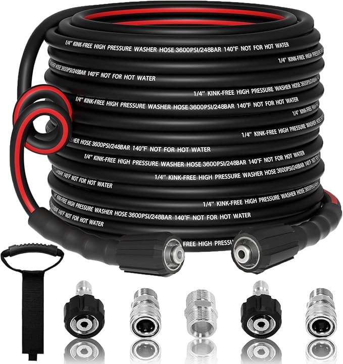 Flexible 1/4" Pressure Washer Hose 100FT,3600PSI Kink Resistant Power Washer Replacement Hose with Leak-Free M22-14mm&3/8" Quick Connect Kit,Used for Extension