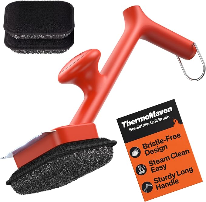 ThermoMaven Bristle-Free BBQ Grill Brush - No Wire Risk Steam Cleaner Removes Burnt Grease Fast - 17" Cool-Touch Handle, Scraper & 3 Replaceable Heads for Gas, Charcoal & Cast Iron
