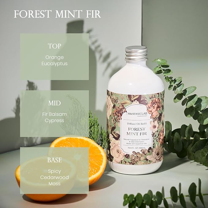 M&SENSE Reed Diffuser Set, Forest Mint Fir, 17oz Natural Essential Oil | Non-Toxic Organic, Long-Lasting Fragrance, Ideal for Living Room, Lounge Area, Gifts for Women