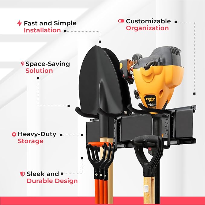 Garage Wall Organizer | 96" Heavy-Duty Tool Storage Rack | Adjustable Double-Layer Hooks | 600 lbs Capacity | Carbon Steel Wall Mount Holder for Shovels, Rakes, Ladders & Power Tools