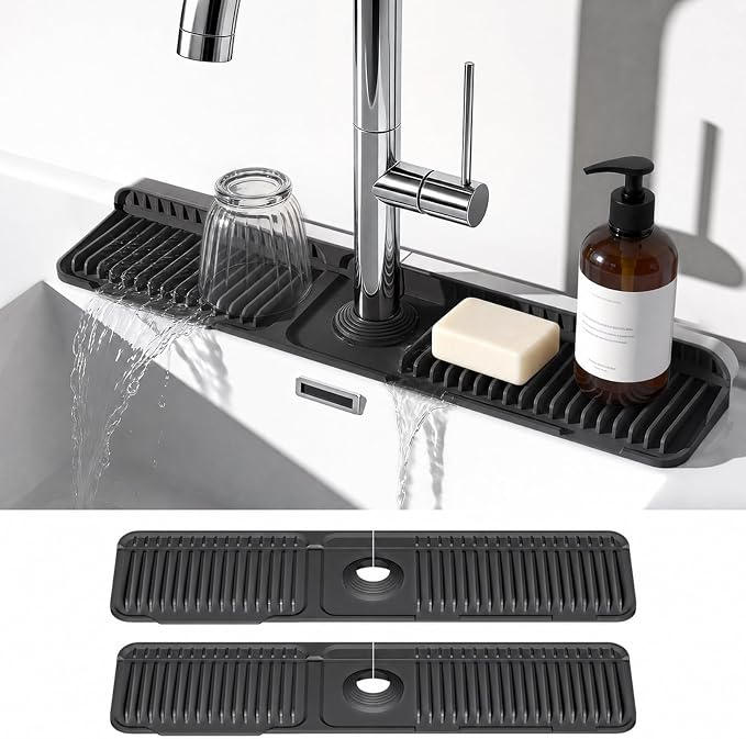 2PCS 24 Inch Faucet Mat for Kitchen Sink, Silicone Splash Guard for Kitchen Sink Area, 7° Slope Fast Self-Draining Sink Mat, Cuttable Hole Design, Sink Backsplash Guard Draining Mat, Black