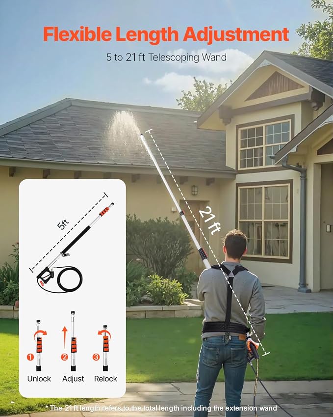 VEVOR Pressure Washer Telescoping Wand, 21 ft, 4000 psi, Telescopic Spray Wand with Power Washer Extension Wands, Gutter Cleaner, Brush Head, Pivoting Coupler, 7 Spray Nozzles and Support Harness