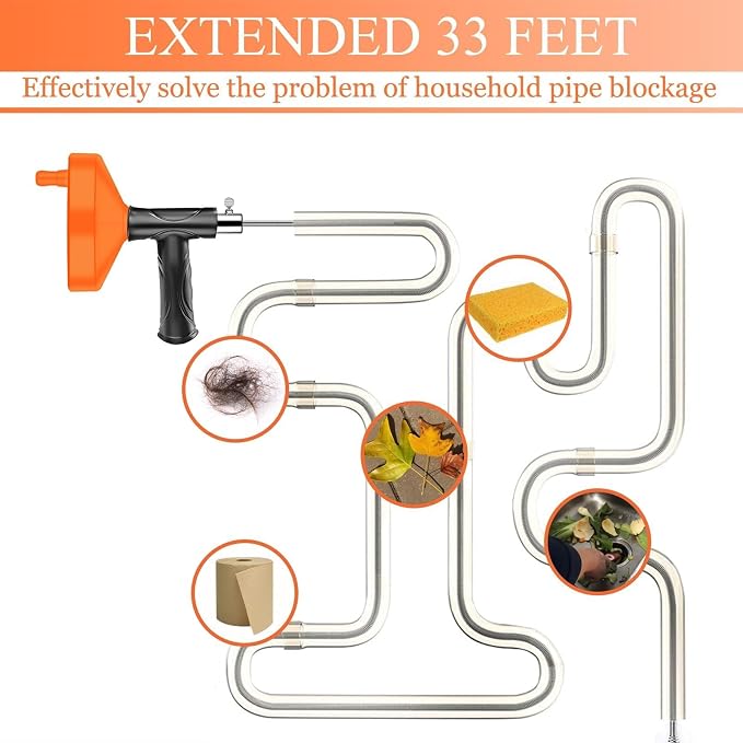 Drain Snake Auger, Plumbing Snake Drain Hair Clog Removal Tool, Sink Unclogger Drain, Heavy Duty Drum Auger, Cleaner Tool for Bathroom Kitchen Tub Shower Drain Clog Remover with Gloves (33 Feet)