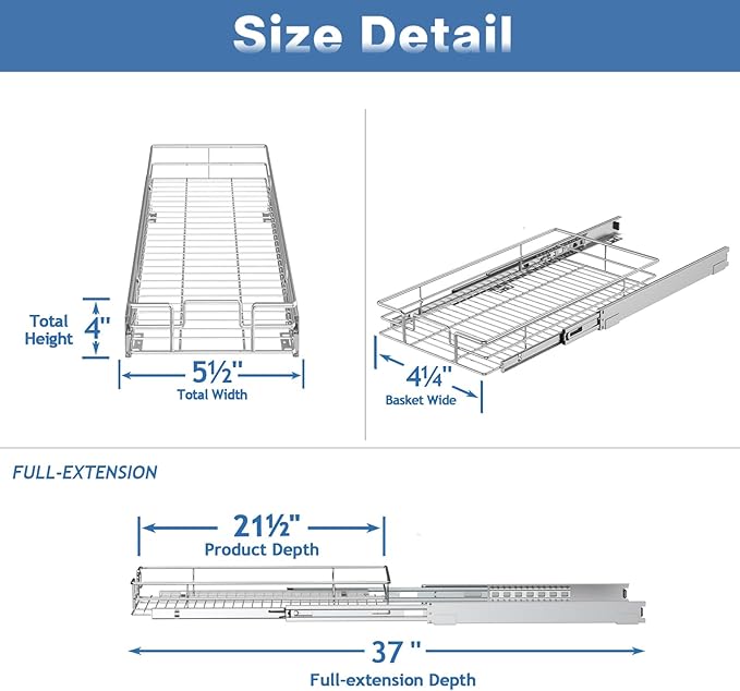 Pull Out Cabinet Organizer 5½" W x 21½" D, Heavy Duty Cabinet Pull Out Shelves, Slide Out Drawers Organization for Kitchen Cabinets Bathroom
